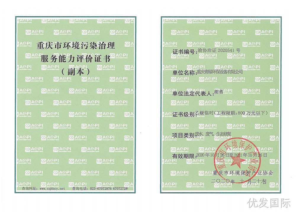 任丘市环境污染治理能力服务评价证书